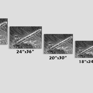 May include: Monochrome artwork depicting a figure with a large sword in a storm. Available in multiple sizes: 76x114cm, 61x91cm, 51x76cm, 46x61cm, and 30x46cm. The image shows a dramatic scene.