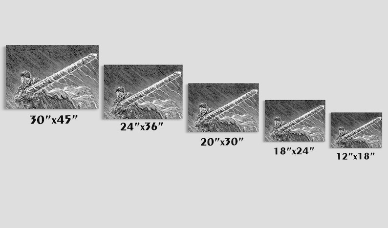 May include: Monochrome artwork depicting a figure with a large sword in a storm. Available in multiple sizes: 76x114cm, 61x91cm, 51x76cm, 46x61cm, and 30x46cm. The image shows a dramatic scene.