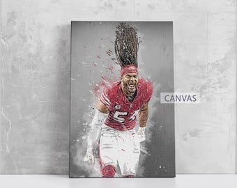 May include: Canvas print featuring a stylized illustration of a football player in a red and white uniform, number 54. The player is depicted with an open mouth and dreadlocks, with the word "CANVAS" in white.