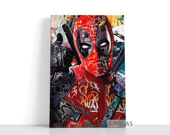May include: Canvas art print featuring a vibrant depiction of Deadpool in a graffiti style. The artwork showcases Deadpool's red suit, mask, and swords, with colorful graffiti art covering the canvas. The word "WA" is visible.