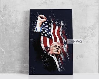 Póster de Donald Trump sobrevivió a un intento de asesinato. Bandera estadounidense. Lienzo enmarcado para pared. Decoración para el hogar "Trump lucha". A249. Regalo de cumpleaños.