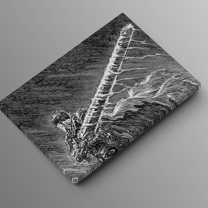 May include: Monochrome canvas print featuring a warrior with a massive sword. The image uses detailed linework to create a dramatic scene, set against a textured, dark backdrop.