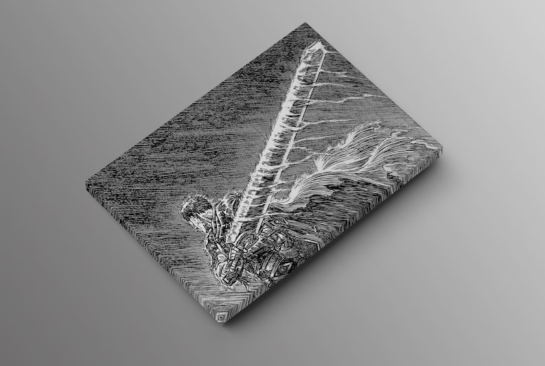 May include: Monochrome canvas print featuring a warrior with a massive sword. The image uses detailed linework to create a dramatic scene, set against a textured, dark backdrop.