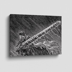 May include: Black and white canvas art print depicting a warrior with a large sword, in a manga style. The illustration has a detailed, dramatic style, set against a textured background, creating a sense of movement and intensity.