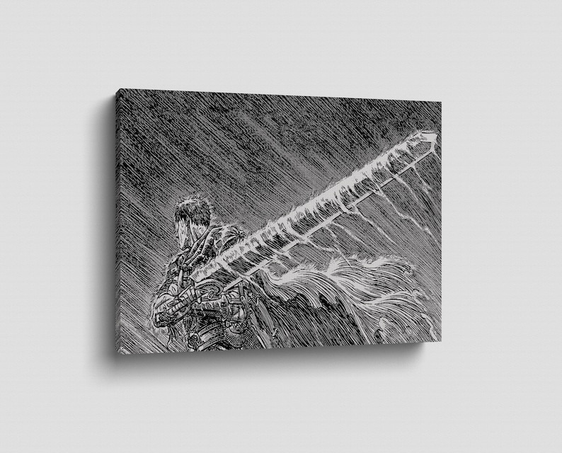 May include: Black and white canvas art print depicting a warrior with a large sword, in a manga style. The illustration has a detailed, dramatic style, set against a textured background, creating a sense of movement and intensity.