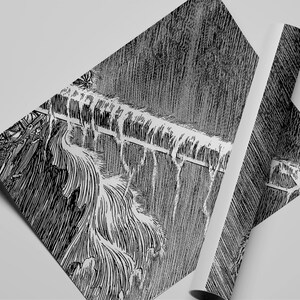 May include: Detailed black and white illustration of a waterfall and bridge. The artwork uses textured lines to create depth and movement. The image is printed on rolled paper, with a white border visible.
