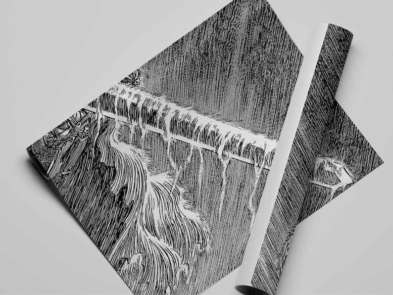 May include: Detailed black and white illustration of a waterfall and bridge. The artwork uses textured lines to create depth and movement. The image is printed on rolled paper, with a white border visible.