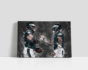 Póster de Jalen Hurts y Jason Kelce de los Philadelphia Eagles, lienzo de fútbol americano, arte de pared de la NFL, impresión en lienzo enmarcada, decoración deportiva para el hogar, regalo de cumpleaños A22
