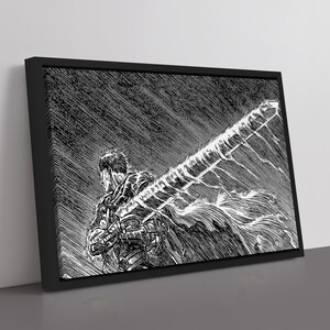 May include: Black and white framed artwork depicting a character with a large sword, in a manga or anime style. The illustration uses dynamic lines and shading to create a dramatic effect. The frame is black.