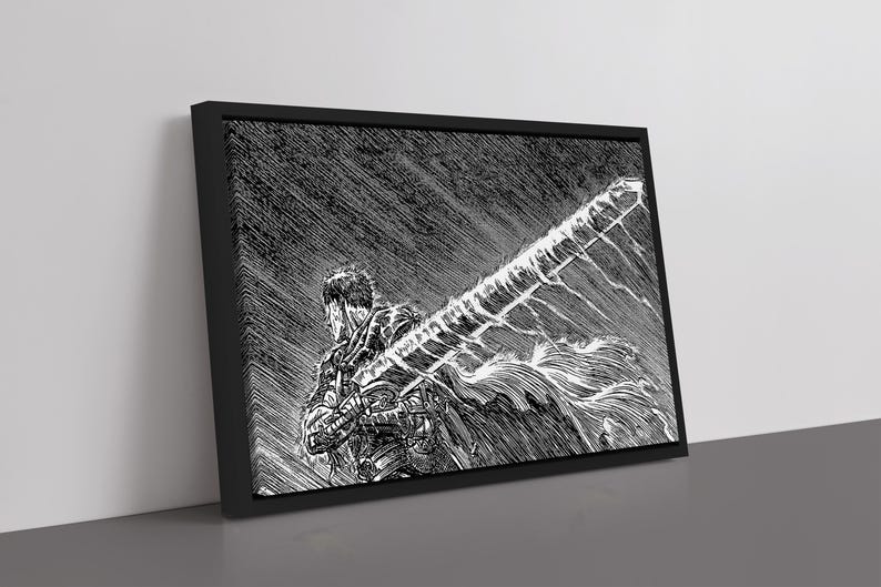 May include: Black and white framed artwork depicting a character with a large sword, in a manga or anime style. The illustration uses dynamic lines and shading to create a dramatic effect. The frame is black.