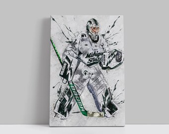 May include: A canvas print of a hockey goalie in a white and gray uniform with the words "Michigan State" on the chest. The goalie is holding a green and black hockey stick. The background has gray and black paint splatters.