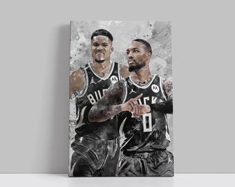 Póster de Lillard Antetokounmpo de los Milwaukee Bucks, lienzo de baloncesto, arte de pared, jugador de la NBA, impresión en lienzo enmarcada, decoración del hogar, regalo de cumpleaños A18