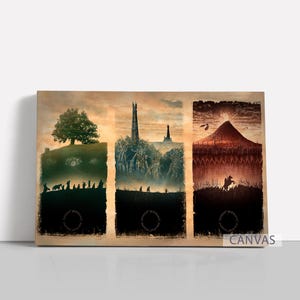 May include: Canvas art print showing three panels with fantasy landscape scenes. The panels depict a tree, a tower, and a mountain with figures and silhouettes. The word "CANVAS" is printed on the bottom right.