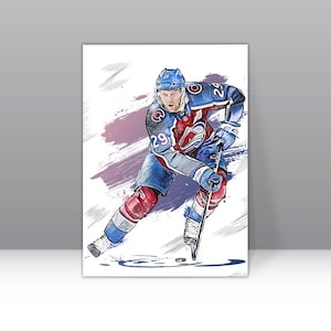 May include: Watercolor illustration of a hockey player in a blue, burgundy, and white uniform, number 29. The player is skating with a hockey stick, with a splash of color in the background. The artwork is on a white background.