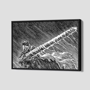 May include: Black and white framed artwork of a warrior with a large sword. The illustration uses detailed cross-hatching for a dramatic effect. The artwork is set against a dark, stormy background, creating a sense of movement.
