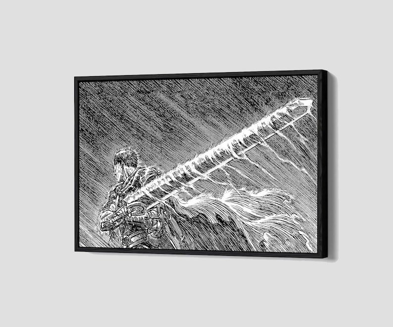 May include: Black and white framed artwork of a warrior with a large sword. The illustration uses detailed cross-hatching for a dramatic effect. The artwork is set against a dark, stormy background, creating a sense of movement.