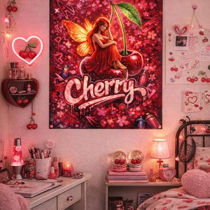 May include: A bedroom decorated with a cherry theme, including a large wall art print of a fairy on a cherry. The room has cherry-shaped lights, a neon heart sign, and other cherry-themed decorations. The word "Cherry" is displayed on the art.
