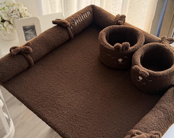 Changing Mat – Teddy Changing Mat Set in Chocolate with Organizer, Baskets & Waterproof Blanket, Soft Teddy Changing Mat, Newborn Gift