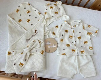 Newborn Muslin Baby Gift Set, Cotton Coming Home Outfit, Baby Blanket and Hat