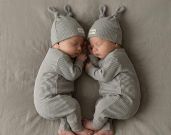 Embroidered Baby Outfit Set - Ribbed Cotton Bodysuit, Hat, Newborn Outfit, Baby Shower Gift