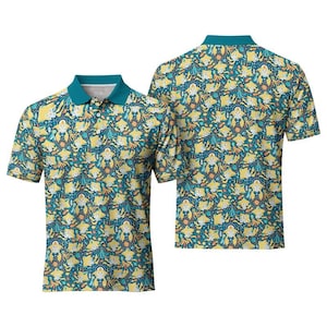 May include: Two short-sleeved polo shirts with a repeating pattern of yellow, teal, and white figures. The shirts have teal collars and button plackets. One shirt is displayed from the front, and the other from the back.