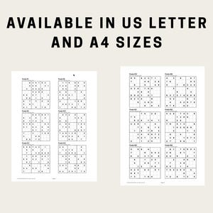 May include: Two white sheets of paper with Sudoku puzzles printed on them. The text "AVAILABLE IN US LETTER AND A4 SIZES" is printed at the top in black. Each sheet contains six puzzles, with numbers in a grid format.