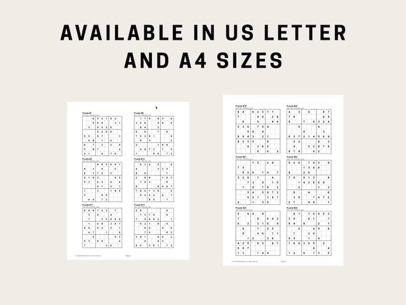 May include: Two white sheets of paper with Sudoku puzzles printed on them. The text "AVAILABLE IN US LETTER AND A4 SIZES" is printed at the top in black. Each sheet contains six puzzles, with numbers in a grid format.