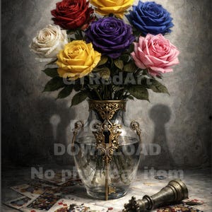 May include: A still life featuring a glass vase with a gold key design, filled with colorful roses. Playing cards and a chess piece are scattered on the surface. The roses are red, yellow, blue, purple, white, and pink.