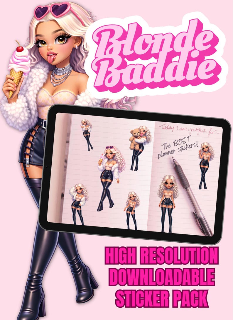 Blonde Baddie Glam Girl Sticker Set – Chibi Style Planner Stickers ...