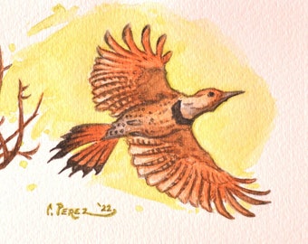 Art scintillant nordique, aquarelle d'oiseau, peinture de pic, oeuvre d'art originale