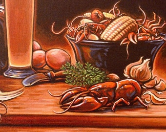 Crawdad Art, Giclée Print, Crayfish Still Life Painting, 11x14" Stretched Canvas