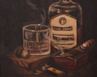 Art du whisky, oeuvre d'art originale, peinture à l'huile nature morte, peinture encadrée, art du cigare, art du tabac, art de l'alcool