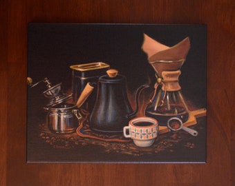 Art du café, Nature morte d’une peinture à l’huile originale, Carafe de café, Impression d’art, Impression Giclée