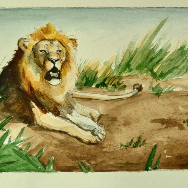 Asiatic Lion Painting Watercolor Original 9x12