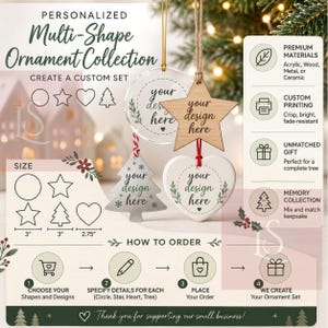Puede incluir: Una colección de adornos personalizados con formas variadas que incluye un círculo transparente, una estrella de madera, un árbol metálico y un corazón blanco. La imagen muestra texto, contornos de formas con medidas de 7,6 cm y 7 cm.