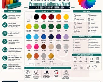 Tabla de colores de vinilo Oracal 651 / Guía de adhesivo permanente / Referencia para Cricut y Silhouette / Manualidades imprimibles