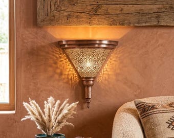 Aplique de pared marroquí de cobre hecho a mano, 40 cm, pantalla de lámpara de filigrana estilo bohemio, fácil instalación.