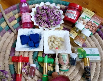 Moroccan Aker Fassi Blue Nila Hammam Spa Set, Luban Dakar, Argan Oil, Oud l'Arak