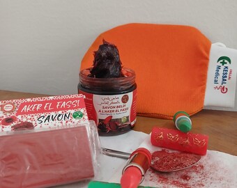 Authentic Moroccan Aker Fassi Spa Set – Black Soap (200g) , Kessa Glove, Poppy Powder