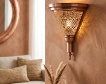 Handcrafted Moroccan Copper Wall Sconce, 40cm, Bohemian Filigree Lamp Shade, Easy Install