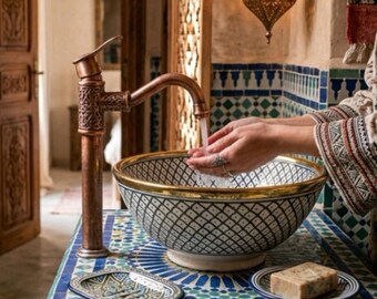 Lavabo de cerámica Zellij marroquí hecho a mano – Lavabo artístico con borde dorado