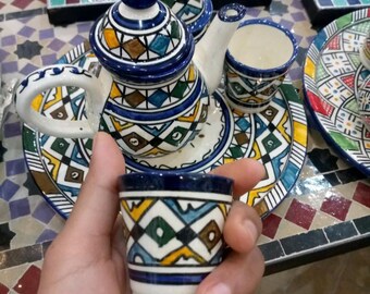 Auténtico juego de té marroquí de Fez / Cerámica pintada a mano, decoración geométrica zellige, regalo bohemio único