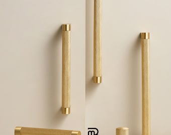 Knurled Brushed Brass Cylinder Cabinet Pull, Luxury Kitchen Door and Drawer Handles