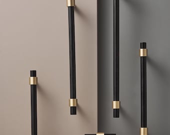 Puxador moderno para armário em latão maciço, puxador de gaveta em preto e latão.