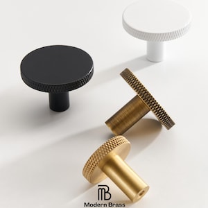 Solid Brass Round Cabinet Knobs, Knurled Minimalist Drawer Handles