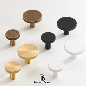 Matte Brushed Brass Round Cabinet Knobs, Modern Drawer Handles with Knurling Texture