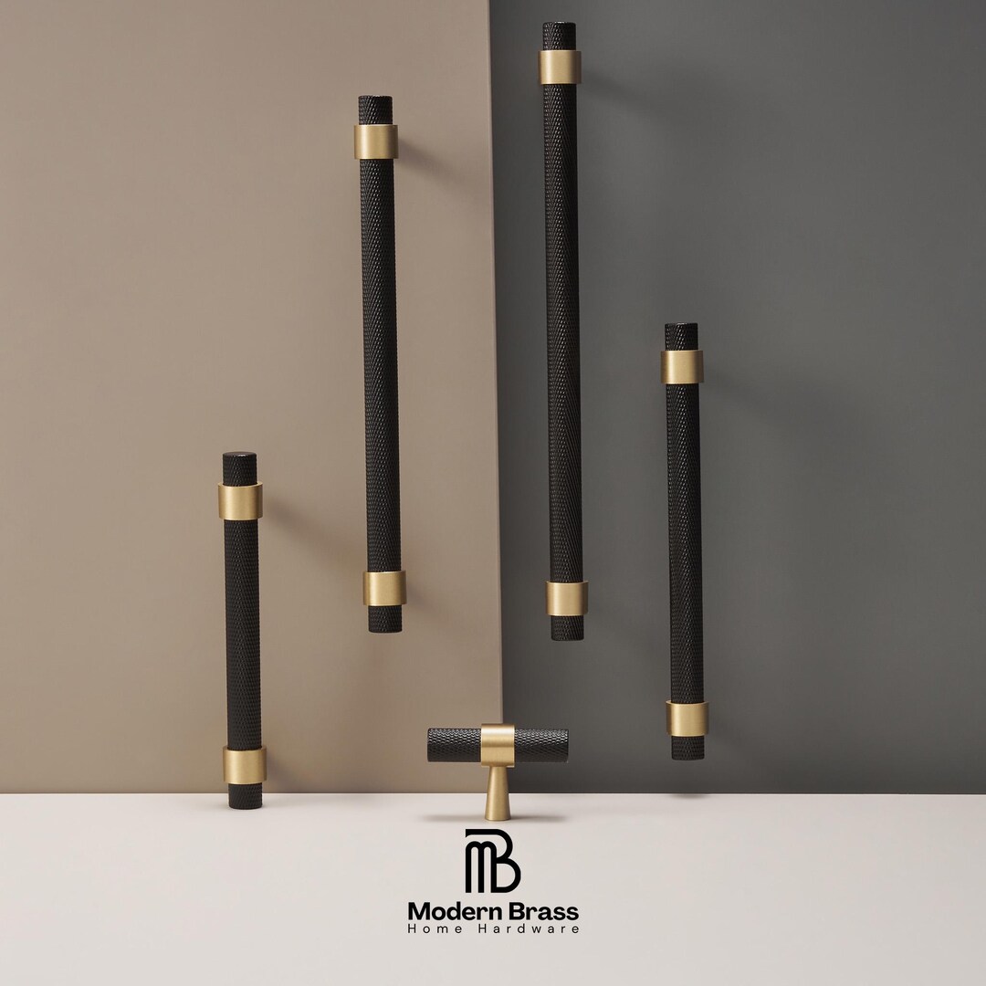 Solid Brass Knurled Cabinet Knobs and Pulls, Black Gold Modern Handles ...