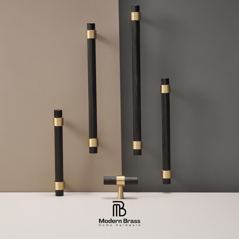 Matte black knurled hardware set featuring designer gold accents for a modern aesthetic.