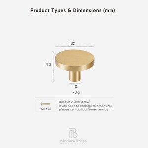 Set of four brushed gold knobs in varying diameters displayed on a modern white architectural background.