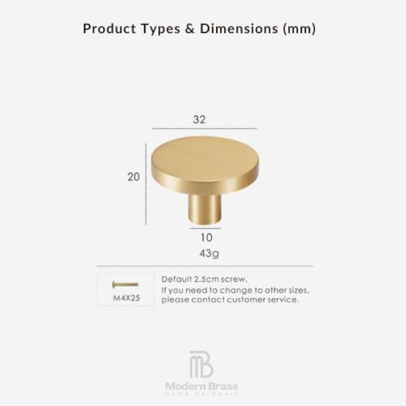 Set of four brushed gold knobs in varying diameters displayed on a modern white architectural background.